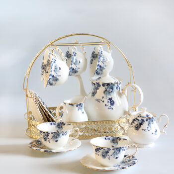 blue and white tea set with stand