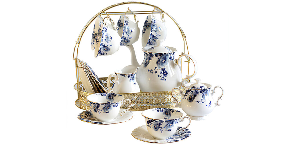 TSB11BB005 ddd 5 Blumen vollständiges Teeservice englisches Teeset mit Gestell Porzellan