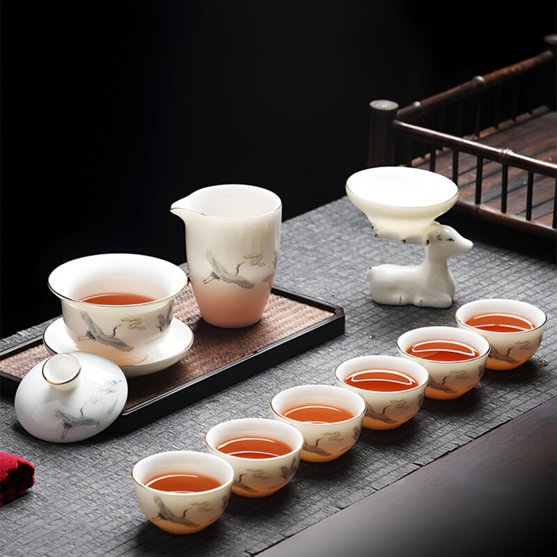 Kranich Chinesisches Teeservice Gaiwan Teeset Porzellan – Bild 2