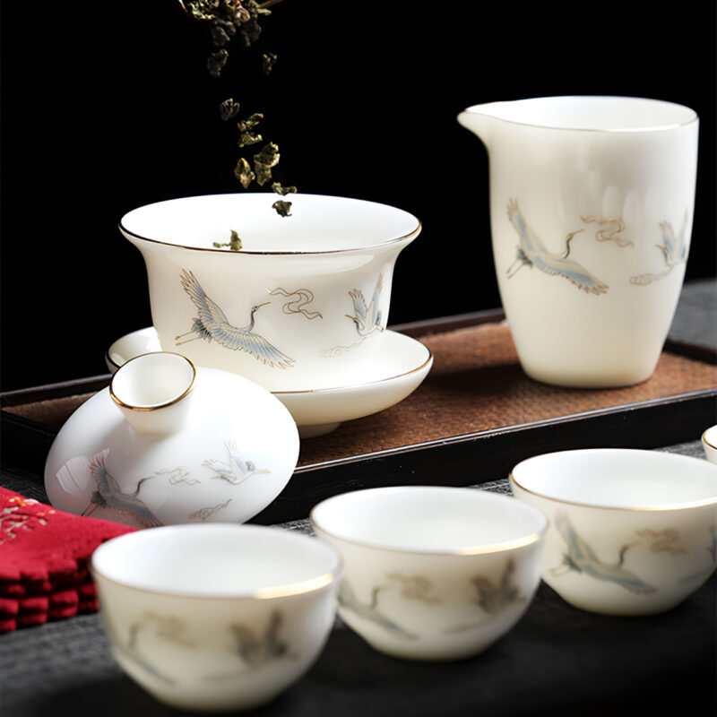 Kranich Chinesisches Teeservice Gaiwan Teeset Porzellan – Bild 4