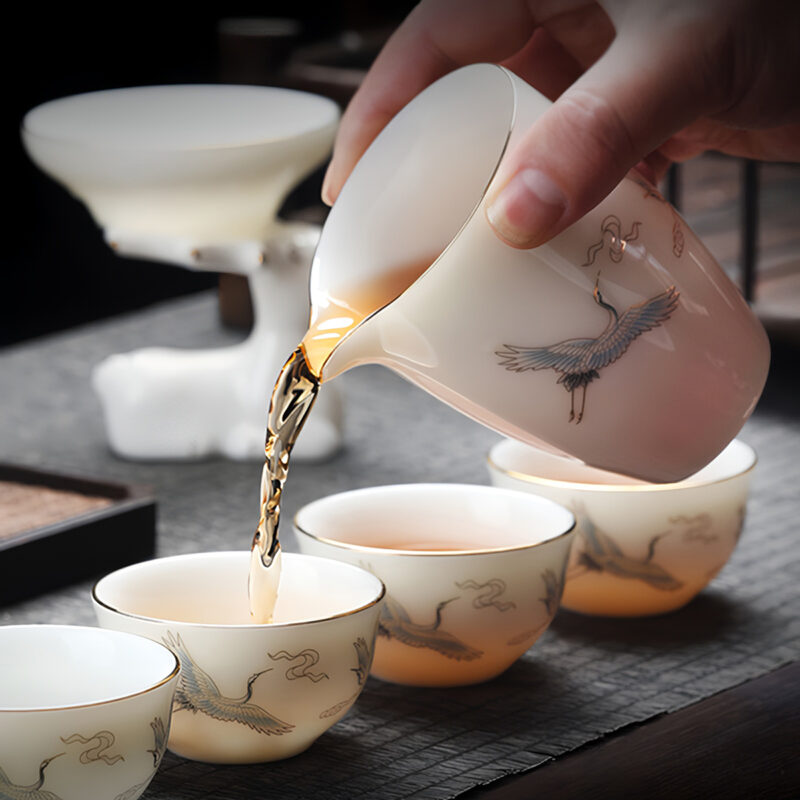 Kranich Chinesisches Teeservice Gaiwan Teeset Porzellan – Bild 6