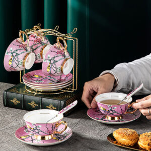 TSB18BB004 5 Vogel Teetasse und Untertasse-Set Knochenporzellan Pink