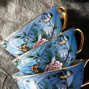 TSB18BB017 4 Vogel Teetasse und Untertasse-Set Knochenporzellan Blau