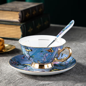 TSB18BB017 V1 Vogel Teetasse und Untertasse-Set Knochenporzellan Blau