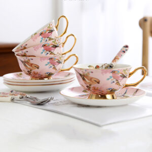 TSB18BB018 B4 Pinkfarbener Vogel Teetasse und Untertasse-Set Knochenporzellan