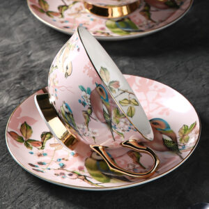 TSB18BB018 V1 Pinkfarbener Vogel Teetasse und Untertasse-Set Knochenporzellan