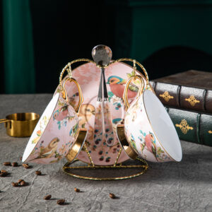 TSB18BB018 V2 Pinkfarbener Vogel Teetasse und Untertasse-Set Knochenporzellan