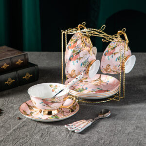 TSB18BB018 V3 Pinkfarbener Vogel Teetasse und Untertasse-Set Knochenporzellan