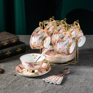 TSB18BB018 V4 Pinkfarbener Vogel Teetasse und Untertasse-Set Knochenporzellan