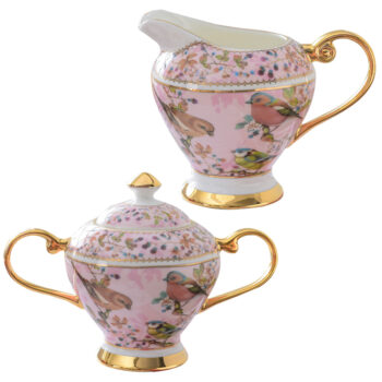 Pinkfarbener Vogel Zucker- und Sahnekännchen-Set Knochenporzellan
