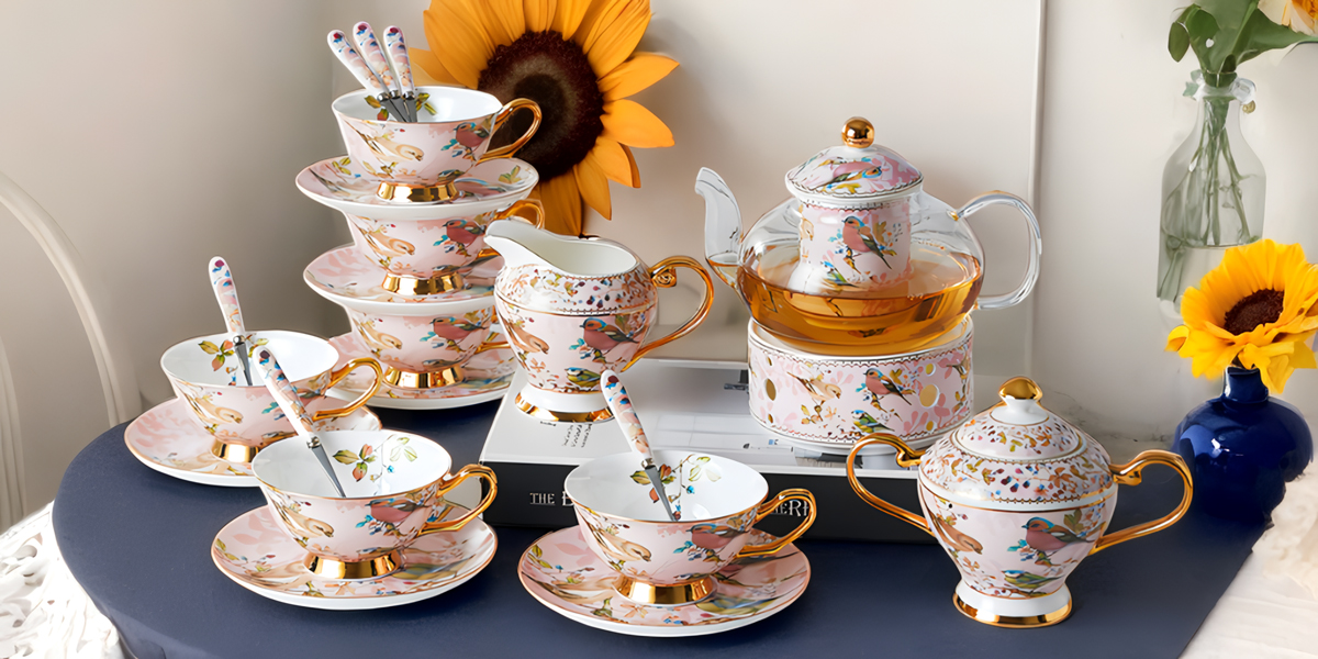 TSB1BB008 DDD 1 Pinkfarbener Vogel Blüten Teeset Knochenporzellan mit Wärmer