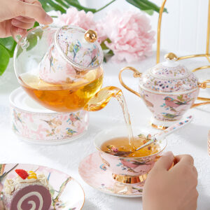 TSB1BB008 S1 Pinkfarbener Vogel Blüten Teeset Knochenporzellan mit Wärmer