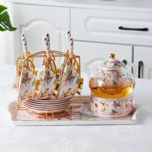 TSB1BB008 VS3 1 Pinkfarbener Vogel Blüten Teeset Knochenporzellan mit Wärmer