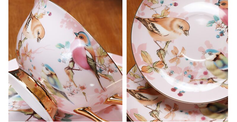 TSB23BB010 D0 1 Pinkfarbener Vogel vollständiges Teeservice europäisches Teeset Knochenporzellan