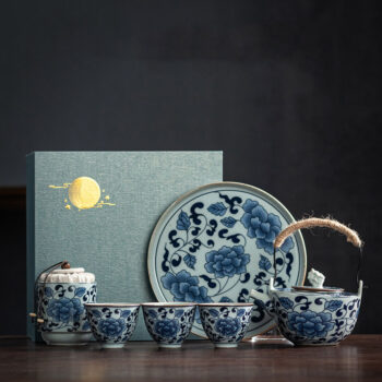 Klassisches Japanisches Teeservice mit Tablett Blau und Weiß