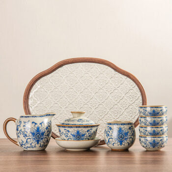 Vintage Chinesisches Teeservice mit Tablett Blau und Weiß