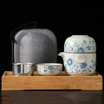 Vintage Chinesisches Reise-Teeset Blau und Weiß