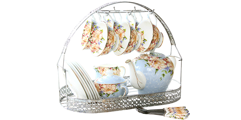 TSB2BB001 DDDD2 Blumen vollständiges Teeservice Nachmittagstee-Set mit Gestell Knochenporzellan