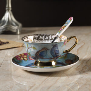 TSB2BB012 V1 Blauer Vogel Tasse und Untertasse-Set Knochenporzellan
